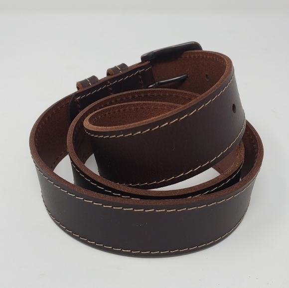 WRANGLER COCO BROWN LEATHER BELT TAN STITCHING PEWTER METAL BUCKLE MEN - Picture 3 of 12